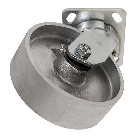 Angled bottom view of swivel caster with silver wheel